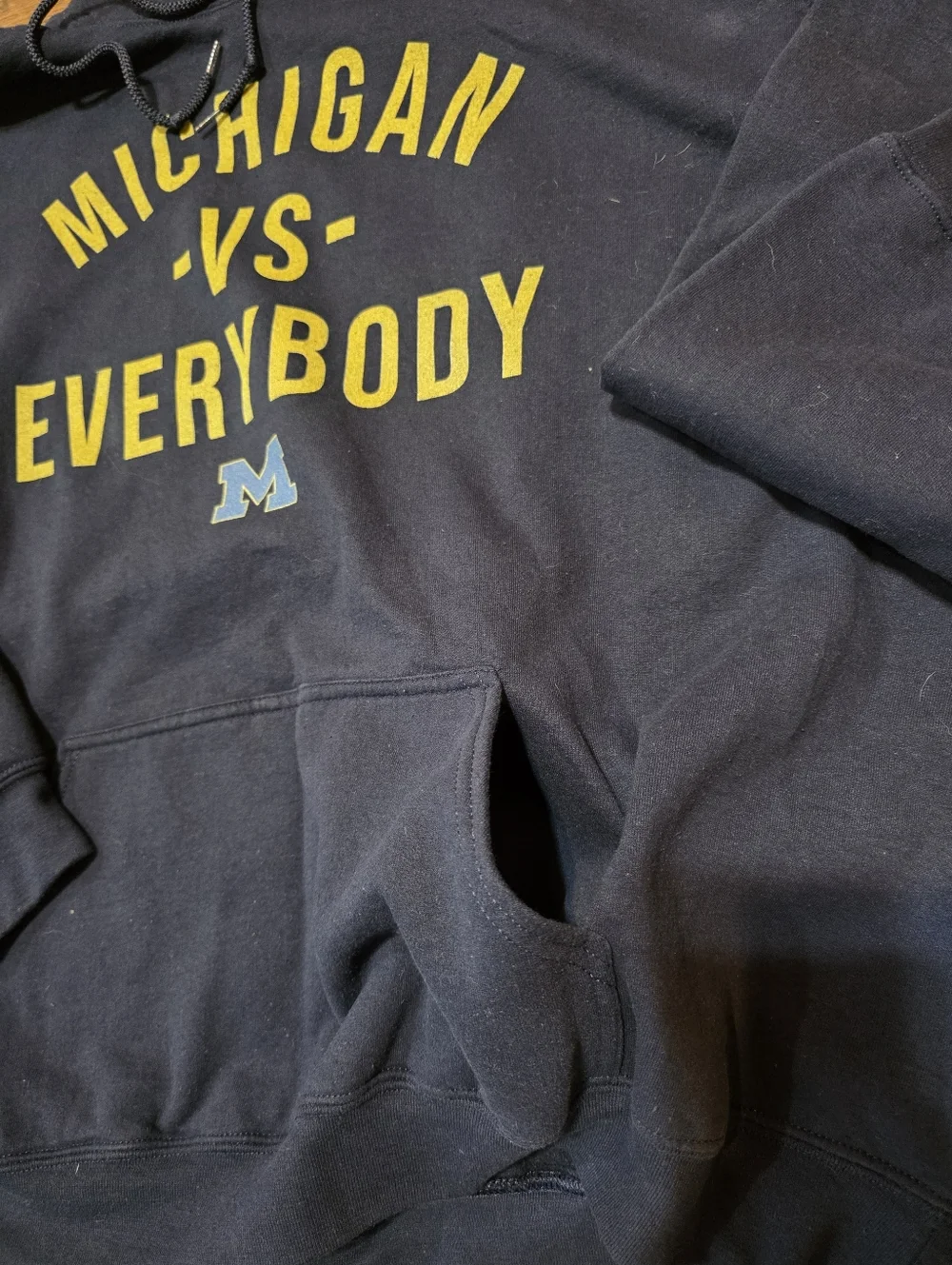 Gildan Navy Men's Hoodie with Yellow 'Michigan vs Everybody' and Blue Men 3XL - Picture 3 of 8